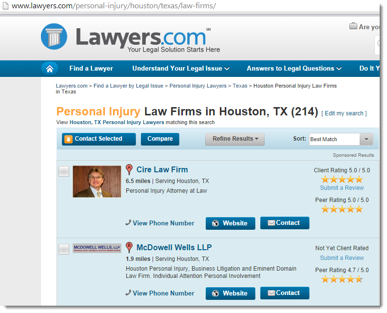 Lawyers.com Houston PI Page